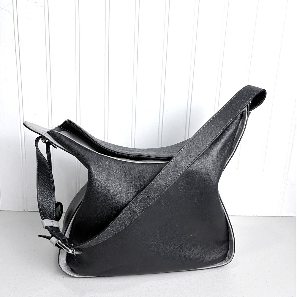 MyWalit‎ Black Soft Leather Hobo Shoulder Bag Grey Trim Curved Slouchy *READ